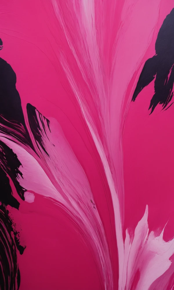 Яркая розовая абстрактная картина с смелыми, выразительными линиями и формами, напоминающая пышные розовые перья или цветочные лепестки, растворяющиеся в воздухе.