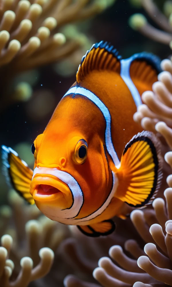 Клоунская рыбка элегантно плавает среди красочных коралловых рифов, погружаясь в удивительный подводный мир.