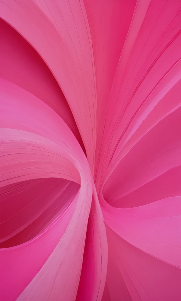 Яркая розовая абстрактная картина с смелыми, выразительными линиями и формами, напоминающая цветок или вихрь.