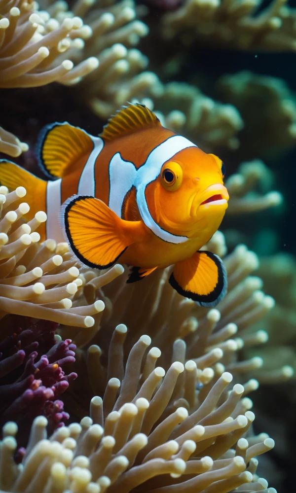 Клоунская рыбка изящно плавает среди красочных коралловых рифов, подводный мир во всем его очаровании.