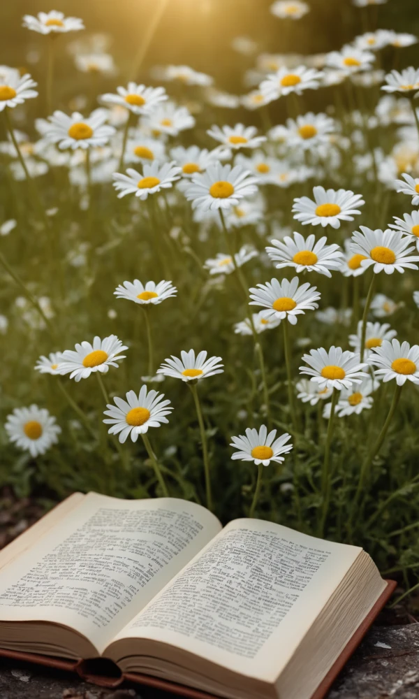 Романтическая сцена с ромашками, разбросанными вокруг открытой книги в саду, где солнечный свет мягко пробивается сквозь лепестки, создавая атмосферу уюта и спокойствия.