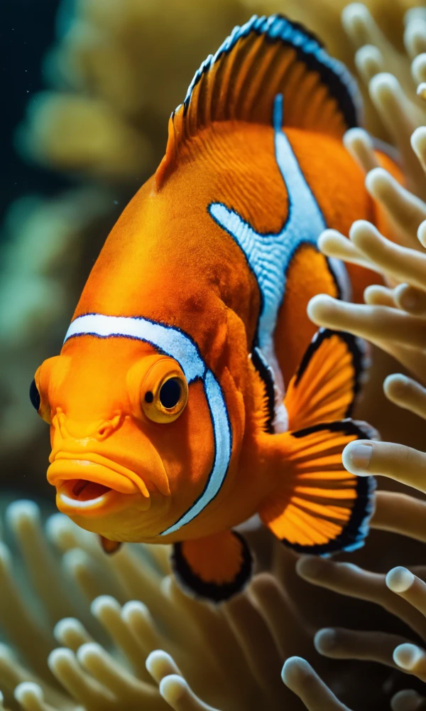 Артистическое изображение рыбки-клоуна, сливающейся с абстрактными формами и цветами, на фоне морского анемона.