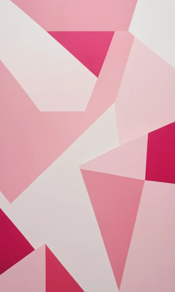 Современная абстрактная живопись с розовыми геометрическими формами на белом фоне, дополненная розовыми треугольниками и полосами различных оттенков.