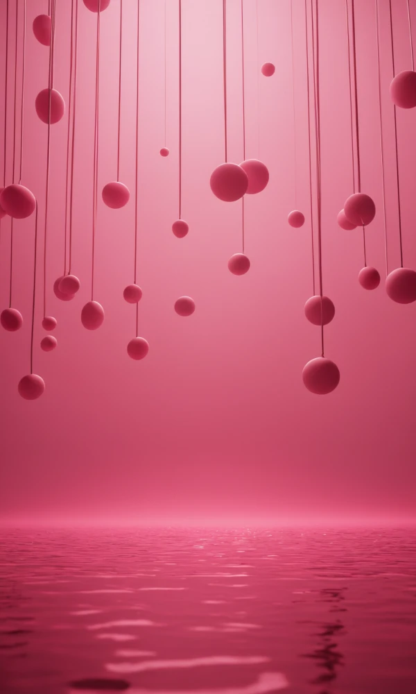 Сюрреалистичная абстрактная сцена с плавающими розовыми формами в сновидческой обстановке с рефлексией на водной поверхности.