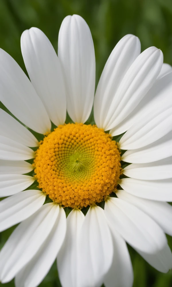 Одиночный цветок маргаритки с ярко-белыми лепестками и желтым центром на фоне зеленого поля.