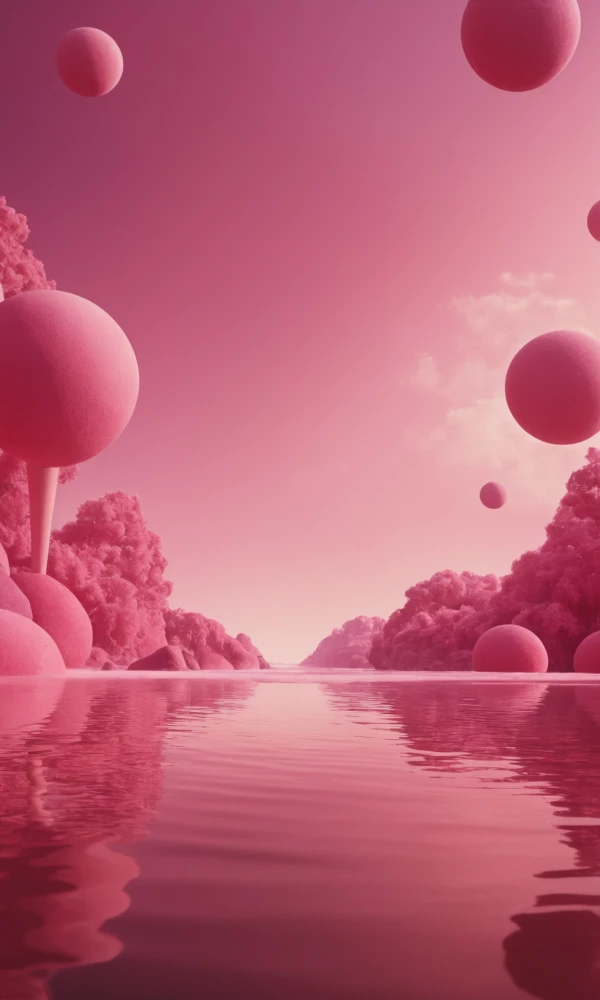 Сюрреалистический абстрактный пейзаж с парящими розовыми фигурами в сновидческой обстановке, где розовые сферы и деревья отражаются в водной глади под магическим небом.