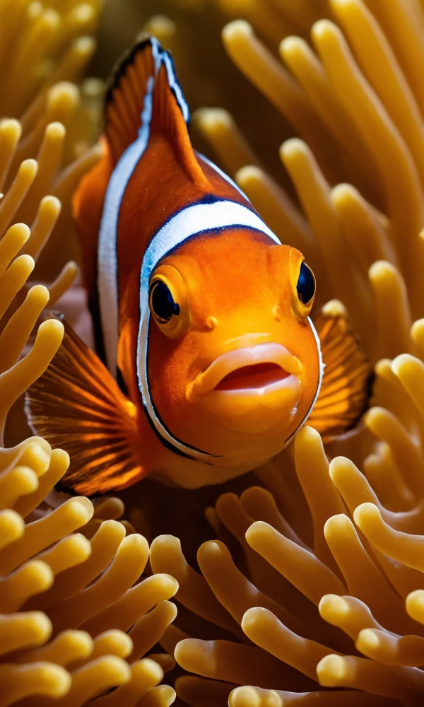 Семейство рыбок-клоунов, прячущихся внутри актинии, с ярко-оранжевой рыбкой спереди.