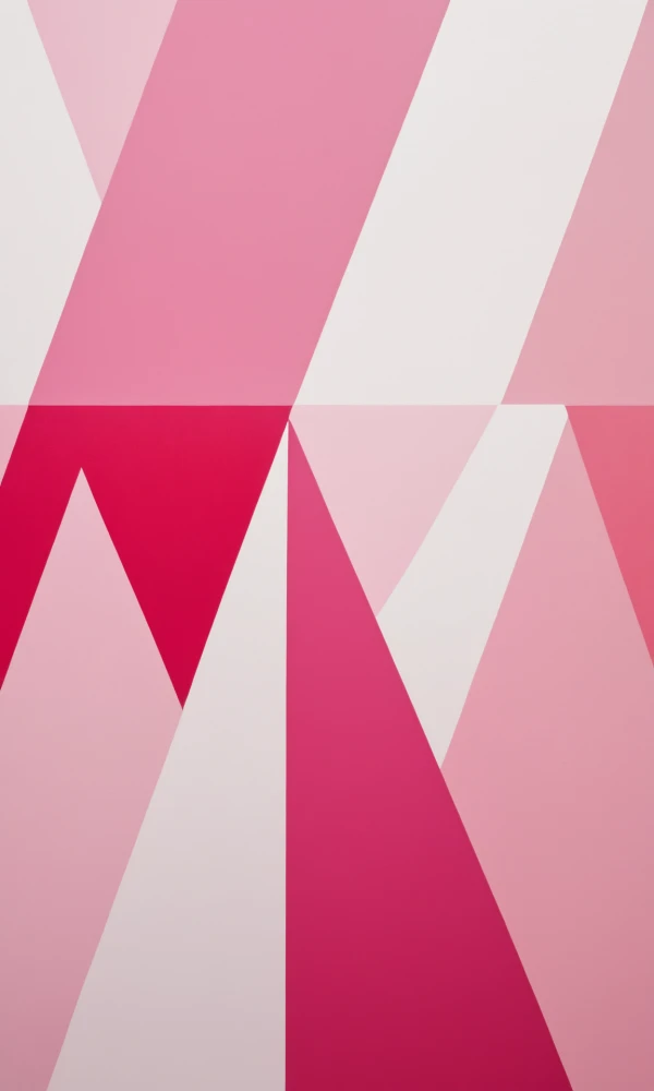 Современная абстрактная живопись с розовыми геометрическими формами на белом фоне, дополненная динамичным переплетением линий и контрастностью оттенков розового.